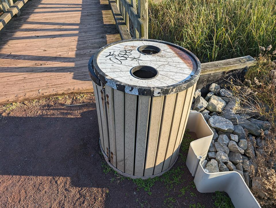 Bin for recycling bottles along the Mill Creek Marsh Trail