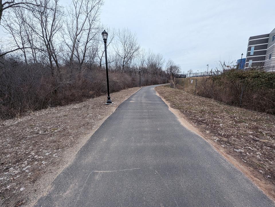 A paved path behind High Tech High School connecting to Laurel Hill Park.  Several streetlights are visible along the path.